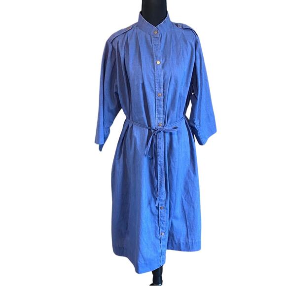 Vintage Models Coat Blue Button-Up Midi Dress artist smock belted pockets 12 USA - Picture 1 of 10